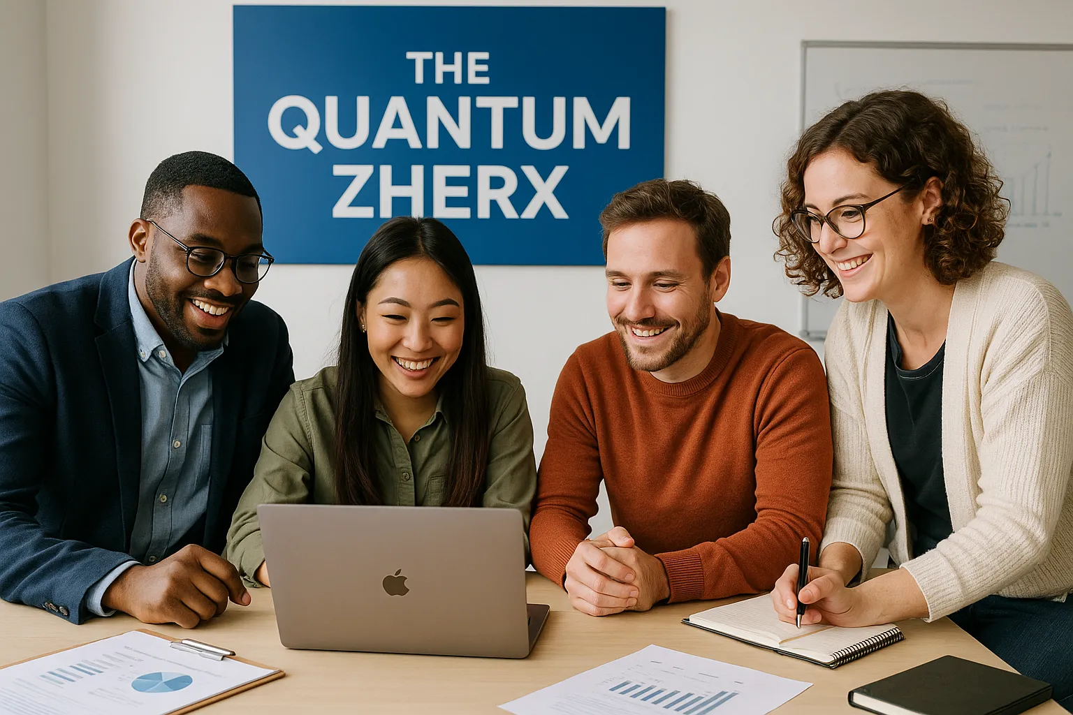 The Quantum Zherx team collaborating in the office